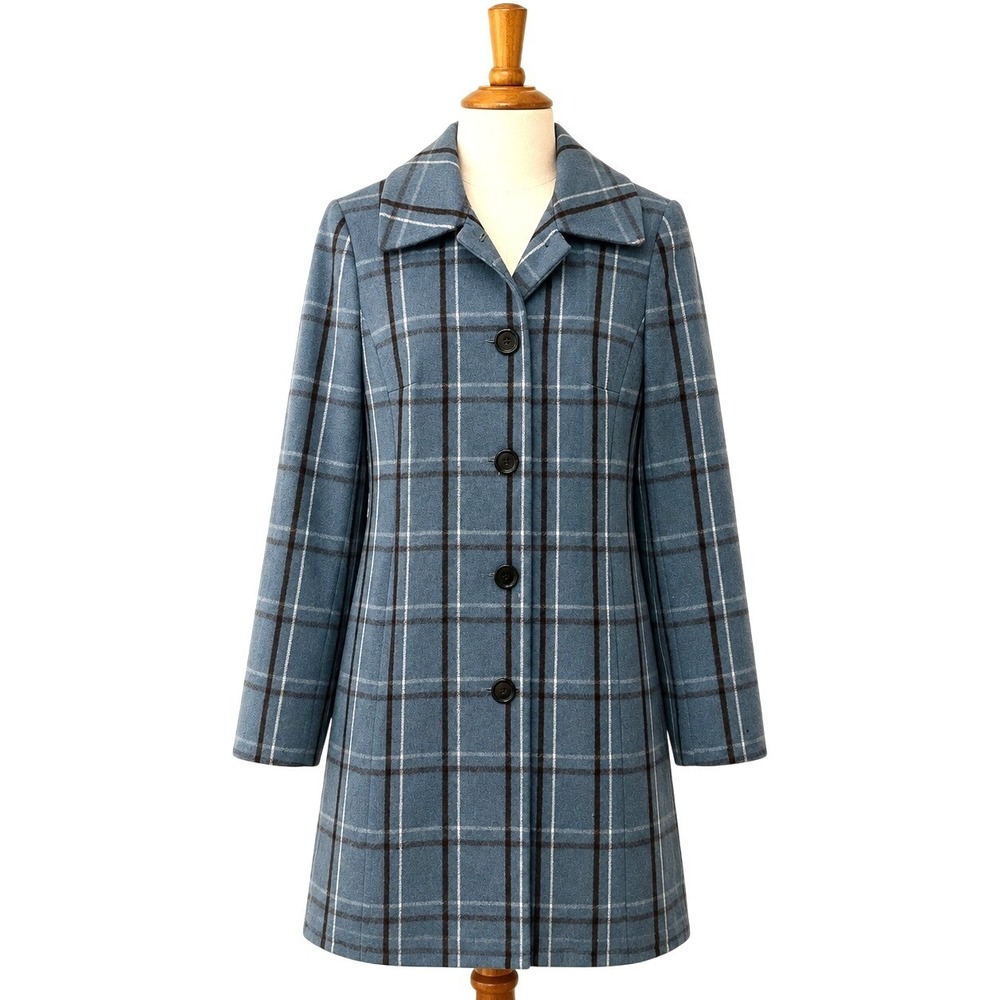 Vintage Jones New York Blue Plaid 100% Wool Coat Size 6 Made USA Tailored Lined
